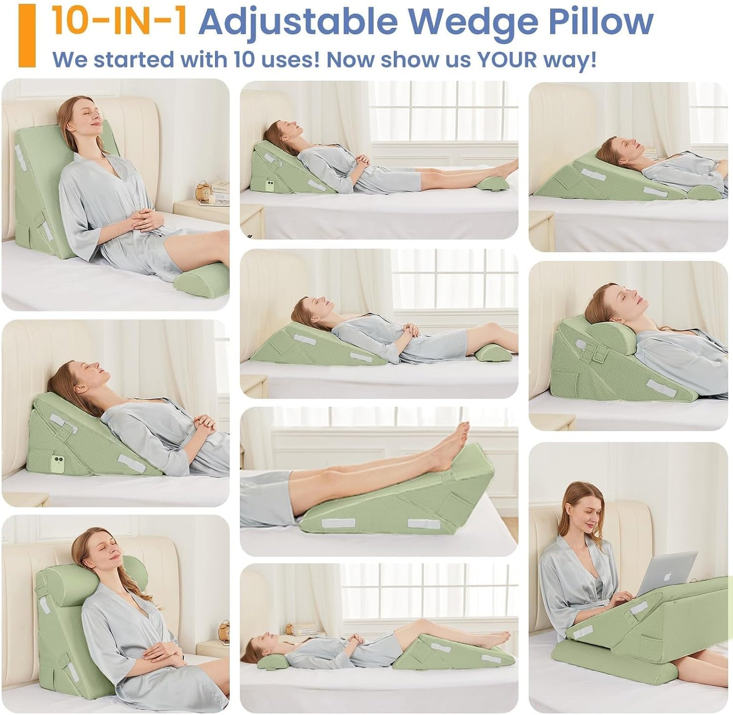 Sasttie Wedge Pillow Set for After Surgery, 2PCS Adjustable Bed Wedge Pillow Headboard with Memory Foam Neck Cushion – for Acid Reflux, Sleeping, Neck & Back Support, Dark Grey & White