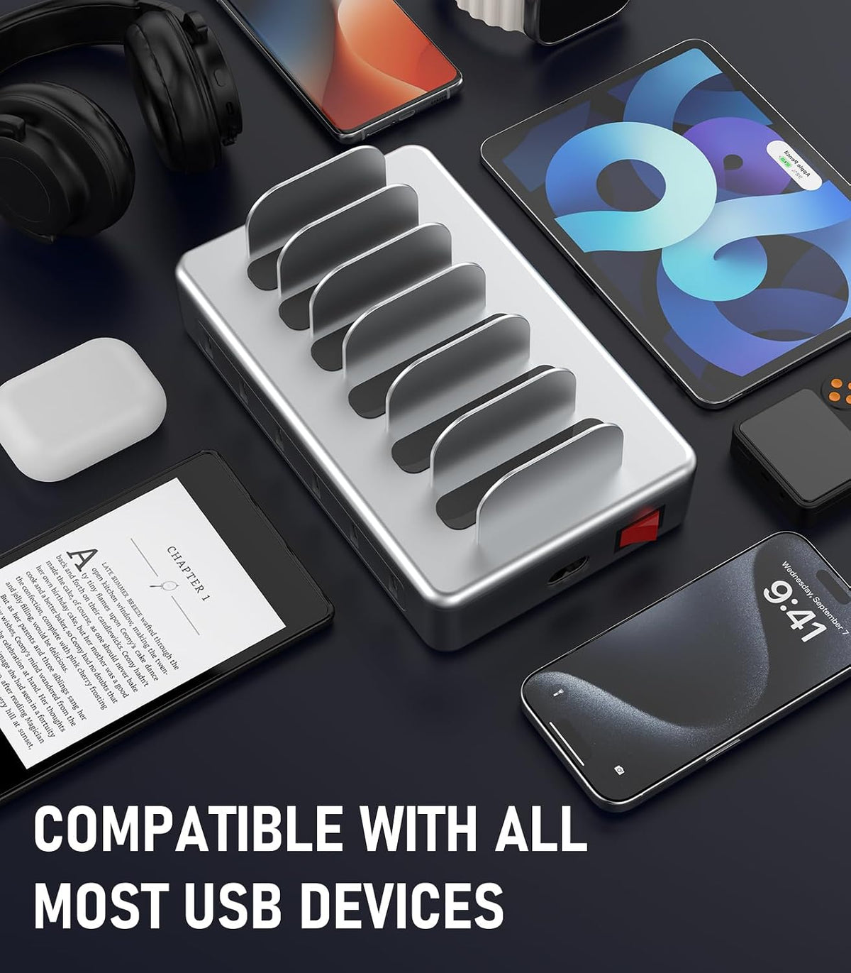 50W 6 Ports Multi Charger Station, USB Charging Dock for Multiple Devices