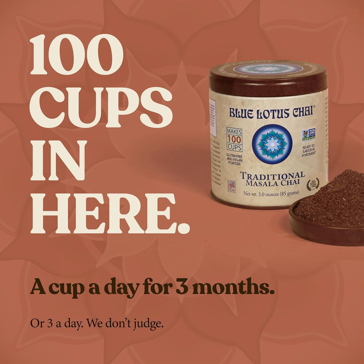 Blue Lotus Chai - Traditional Masala Chai - Makes 100 Cups - 3 Ounce Masala Spiced Chai Powder with Organic Spices - Instant Indian Tea No Steeping - No Gluten