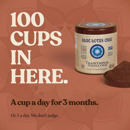 Blue Lotus Chai - Traditional Masala Chai - Makes 100 Cups - 3 Ounce Masala Spiced Chai Powder with Organic Spices - Instant Indian Tea No Steeping - No Gluten