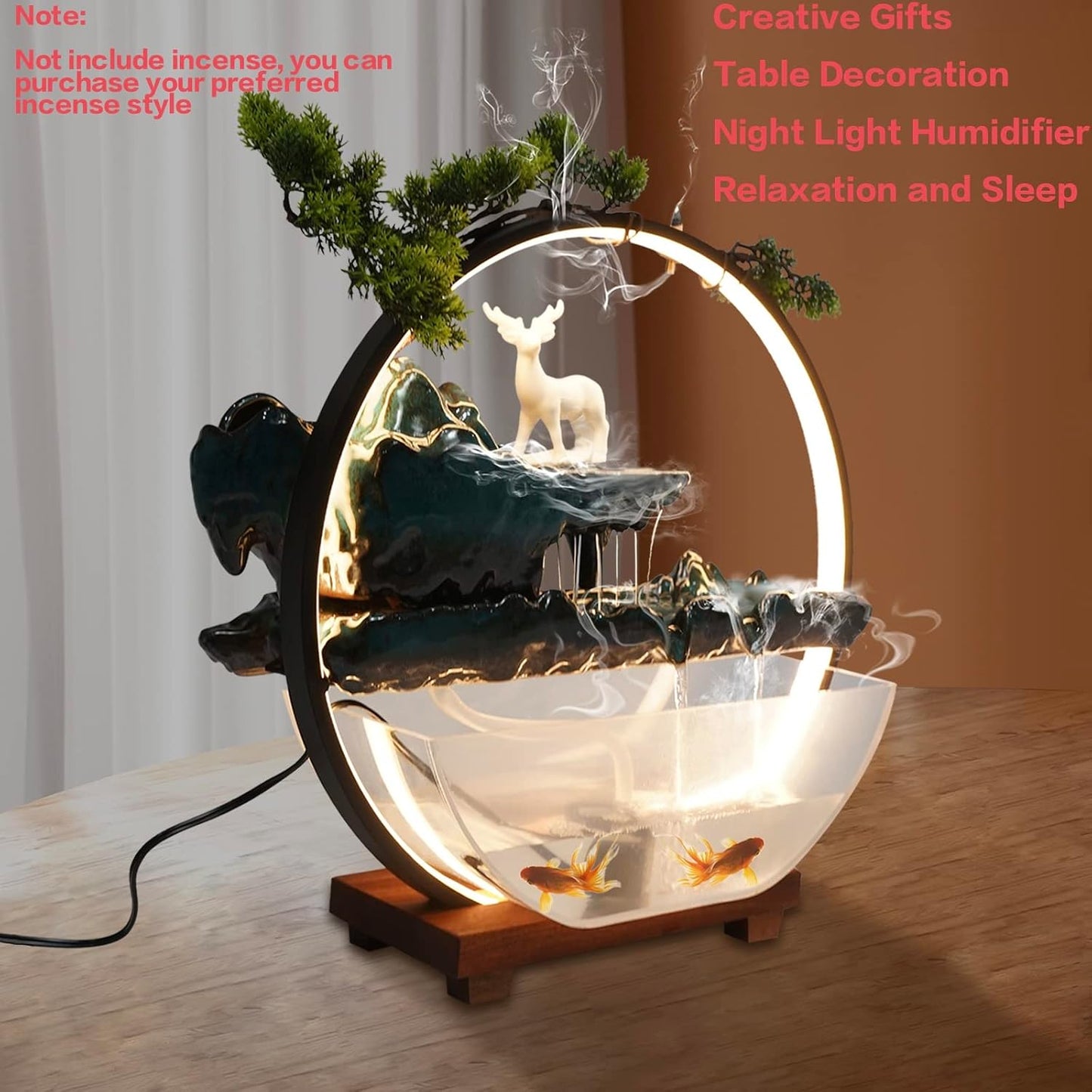 Mini Artificial Bonsai Tree Waterfall Fog Feature Rock Tabletop Fountain | 11in Desktop Decor Waterfall Fountain W/ Water Pump& Atomizer&LED Lights &Fake Tree Office Bedroom Relax