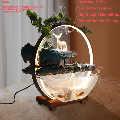 Mini Artificial Bonsai Tree Waterfall Fog Feature Rock Tabletop Fountain | 11in Desktop Decor Waterfall Fountain W/ Water Pump& Atomizer&LED Lights &Fake Tree Office Bedroom Relax