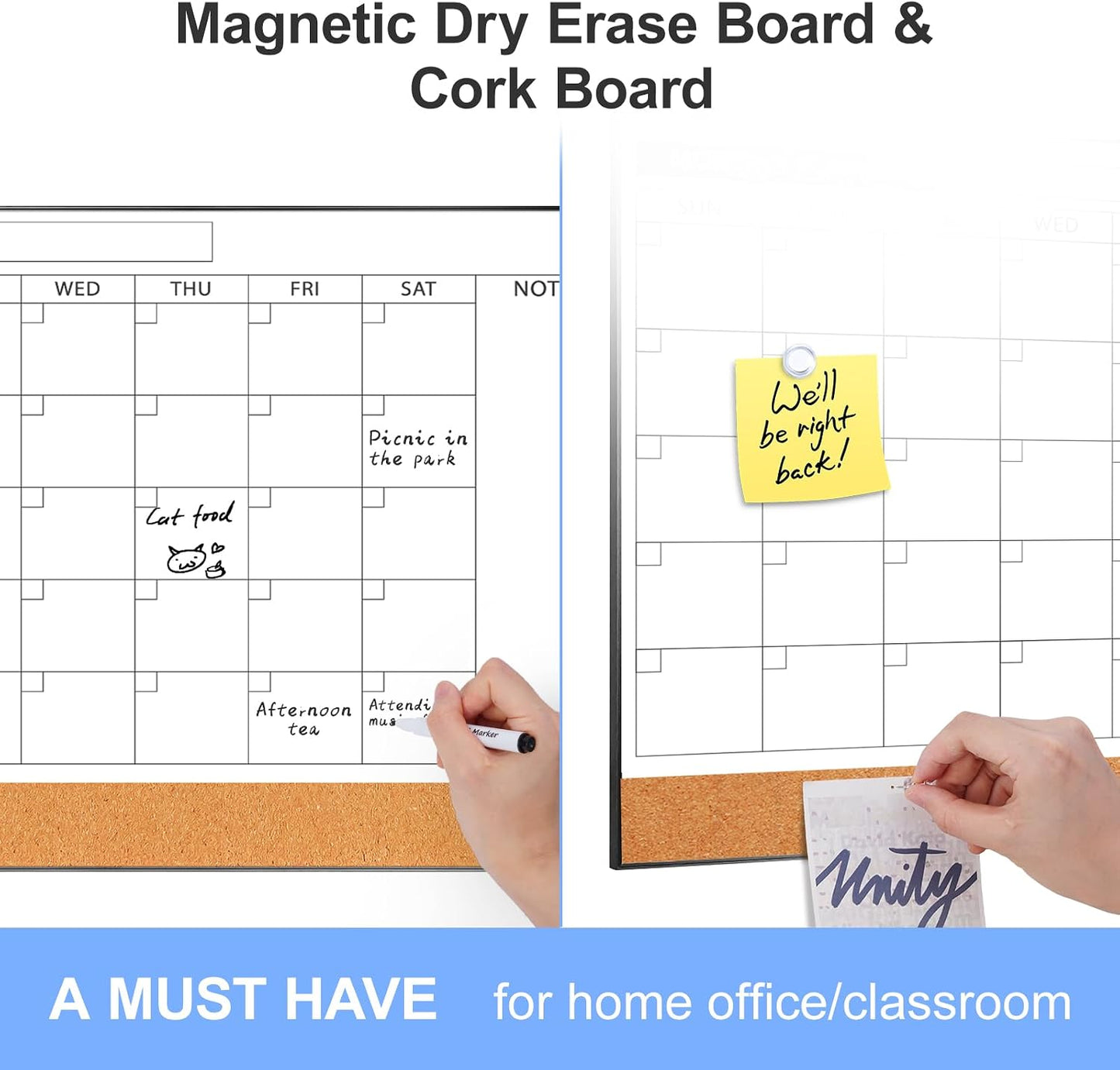 ARCOBIS Dry Erase Calendar with Cork Board for Wall, 24"x 18" Magnetic Calendar Whiteboard with Black Frame, Monthly Combination Board for School, Home, Office