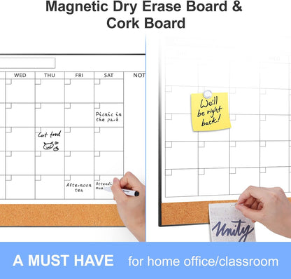 ARCOBIS Dry Erase Calendar with Cork Board for Wall, 24"x 18" Magnetic Calendar Whiteboard with Black Frame, Monthly Combination Board for School, Home, Office