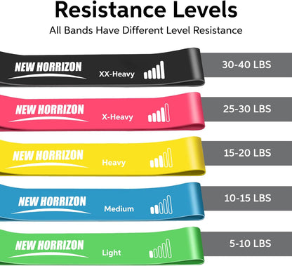 New Horrizon Resistance Bands for Working Out Set of 5 with Carry Bag, Resistance Loop Exercise Bands for Strength Training, Physical Therapy & Pilates, Home Gym Workout Equipment for Men & Women