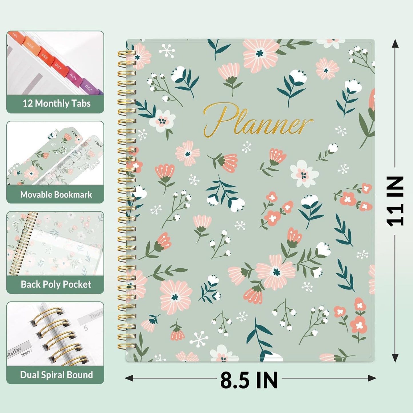 SUNEE Academic Planner 2026-2027 – Weekly & Monthly Planner, July 2026 to June 2027, 6.4"x8.3", Thick Paper, Tabs, Pockets, Bookmark, Spiral-Bound, Student Teacher Organizer, Black