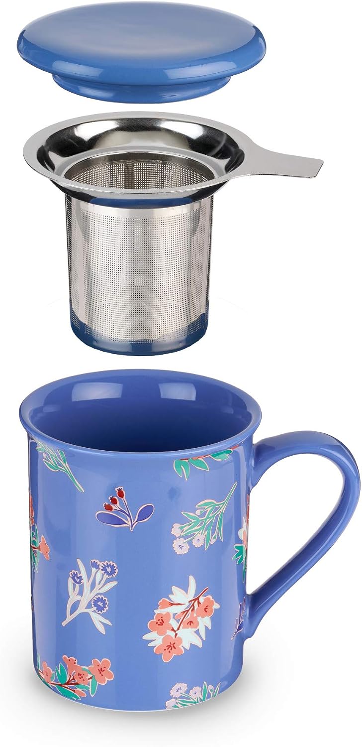 Pinky Up Annette Ceramic Tea Cup with Infuser and Lid, Travel Mug for Loose Leaf Teas, Home Office, Camping, Picnic Party, 12 oz, Set of 1, Honeycomb