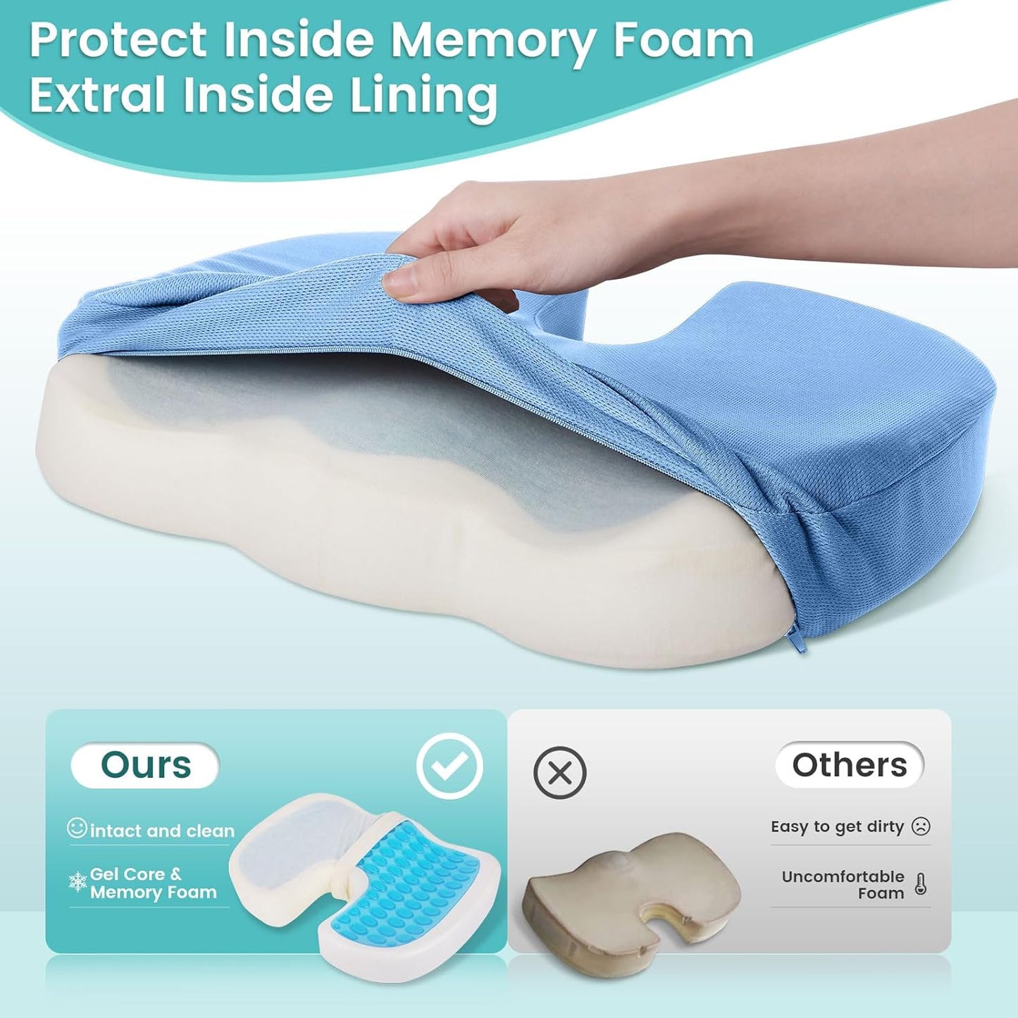 Office Chair Seat Cushion, Cooling Gel Enhanced Memory Foam Cushion for Long Sitting - Back, Sciatica, Coccyx, Tailbone Pain Relief Pillow - for Office, Gaming, Car, Wheelchair - Black, Large
