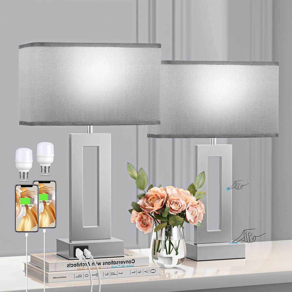 Gold Table Lamps Set of 2, 16.4" Bedside Lamps for Nightstand with USB C+A