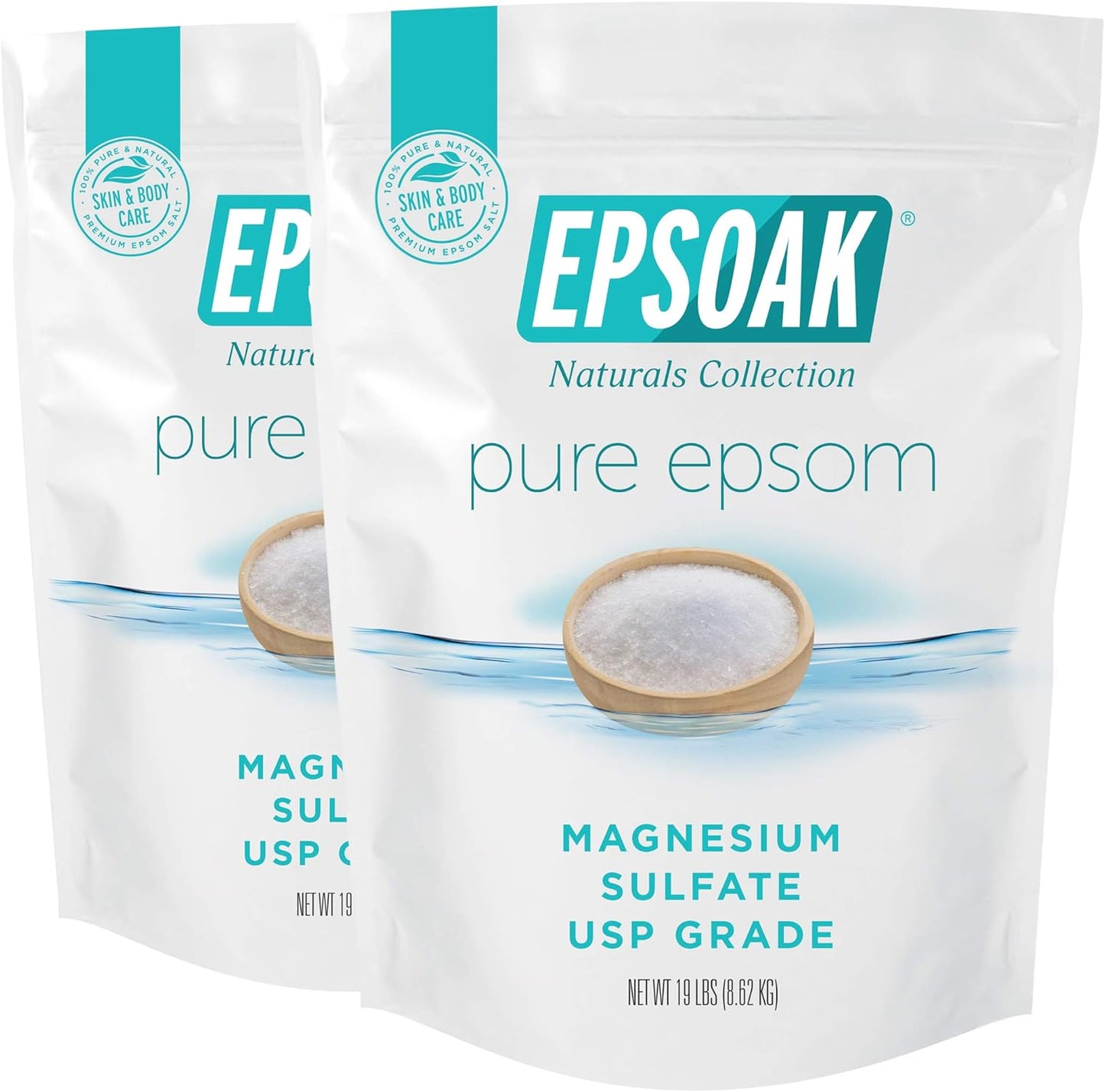 Epsoak Epsom Salt 38 lb. Magnesium Sulfate USP. (Qty. 2 x 19 lb. Bags) Resealable Epsom Salt Bag Unscented, Made in The USA, Cruelty-Free Certified