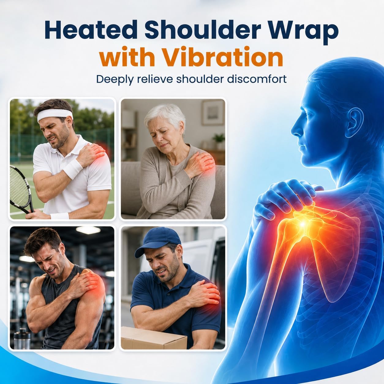 Cordless Shoulder Heating Pad with Vibration Massage, 4000mAh Rechargeable Heated Shoulder Brace with 6 Heat 6 Vibration Modes 6 Timers, Adjustable Heat Wrap for Shoulder Rotator Cuff