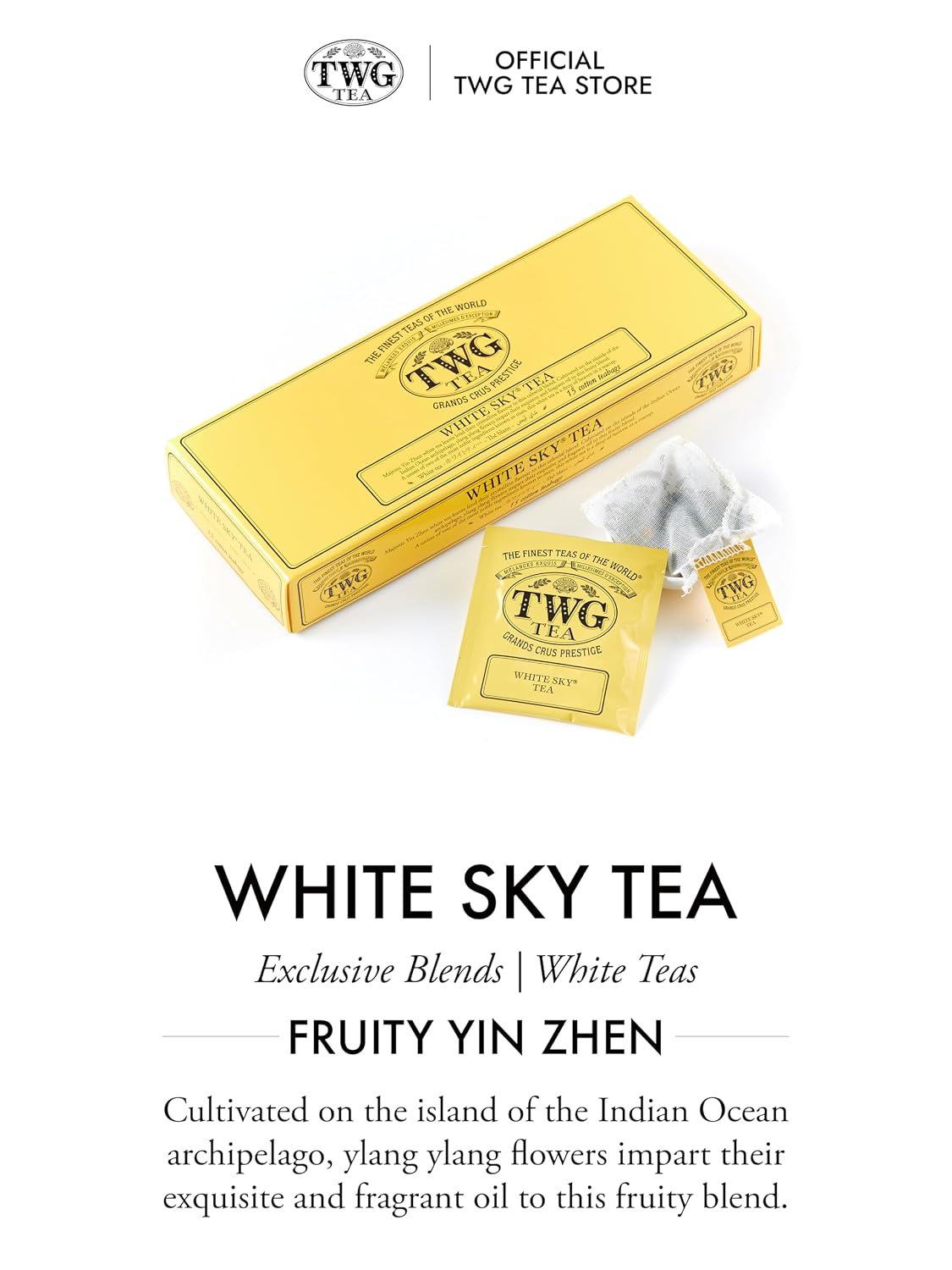 TWG Tea | White Sky Tea | White Tea | Ylang Ylang Flowers | 15 Hand Sewn Cotton Teabags | GiftSet
