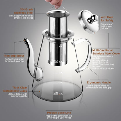Glass Teapot, 1200ml (40oz) Tea Pot with Infuser for Loose Tea and Blooming Tea, Stovetop Safe Tea Kettle, Hand Crafted Borosilicate Glass Tea Maker with Scale Line, Tea Gift Set for Tea Lovers