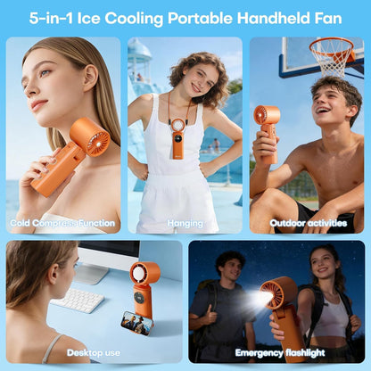 6000mAh Portable Handheld Fan with Ice Cooling, 199 Levels Stepless Speed, 20H Long Battery Life, 20000RPM Turbo Fan Rechargeable Personal Mini Fan for Travel, Outdoor, Makeup