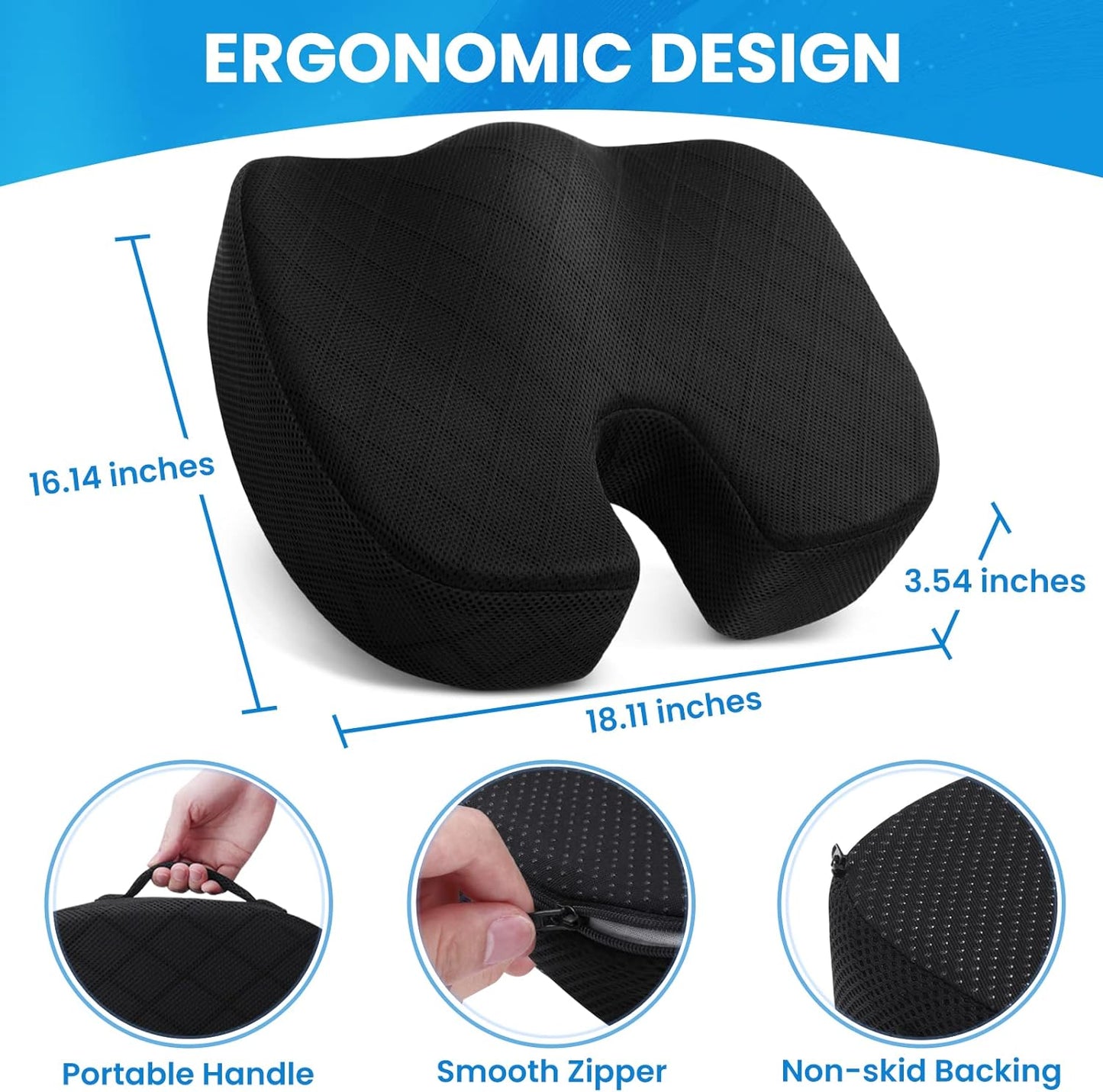 TushGuard Seat Cushion - Memory Foam Sitting Pillow for Office Chair, Car Seat, Airplane, Bleacher - Sciatica & Hip & Coccyx Pain Relief Desk Chair Cushion for Long Sitting Office Workers, Car Drivers
