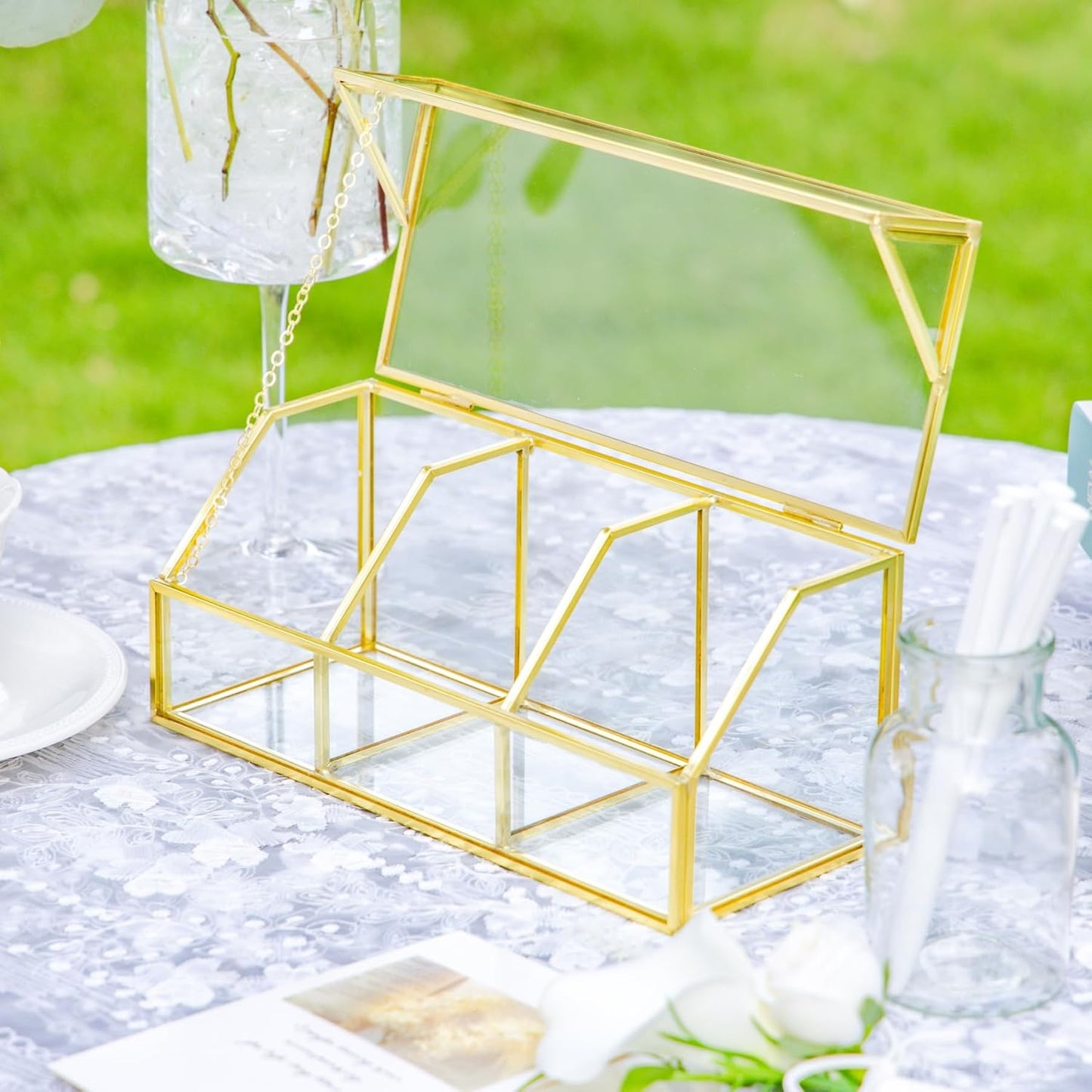 NCYP Glass Tea Bags Organizer with 5 Grids Compartments, Indoor Counter Top Brass Display Case with Lid, Storage Box, Gold, Decor, Teabag Storage, 14.5 x 3.6 x 3.66 Inches (Glass Box Only)