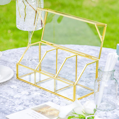 NCYP Glass Tea Bags Organizer with 5 Grids Compartments, Indoor Counter Top Brass Display Case with Lid, Storage Box, Gold, Decor, Teabag Storage, 14.5 x 3.6 x 3.66 Inches (Glass Box Only)