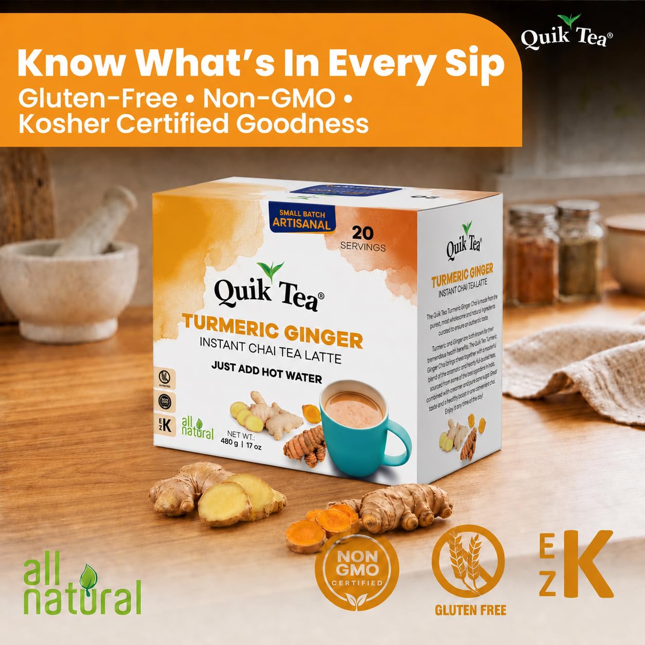 QuikTea Instant Cardamom Chai Tea Latte Unsweetened, 20 Single-Serve Sachets, Artisanal Indian Chai Latte Mix, Just Add Hot Water, Low Caffeine, Non-GMO, Gluten Free