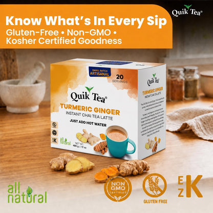 QuikTea Instant Cardamom Chai Tea Latte Unsweetened, 20 Single-Serve Sachets, Artisanal Indian Chai Latte Mix, Just Add Hot Water, Low Caffeine, Non-GMO, Gluten Free