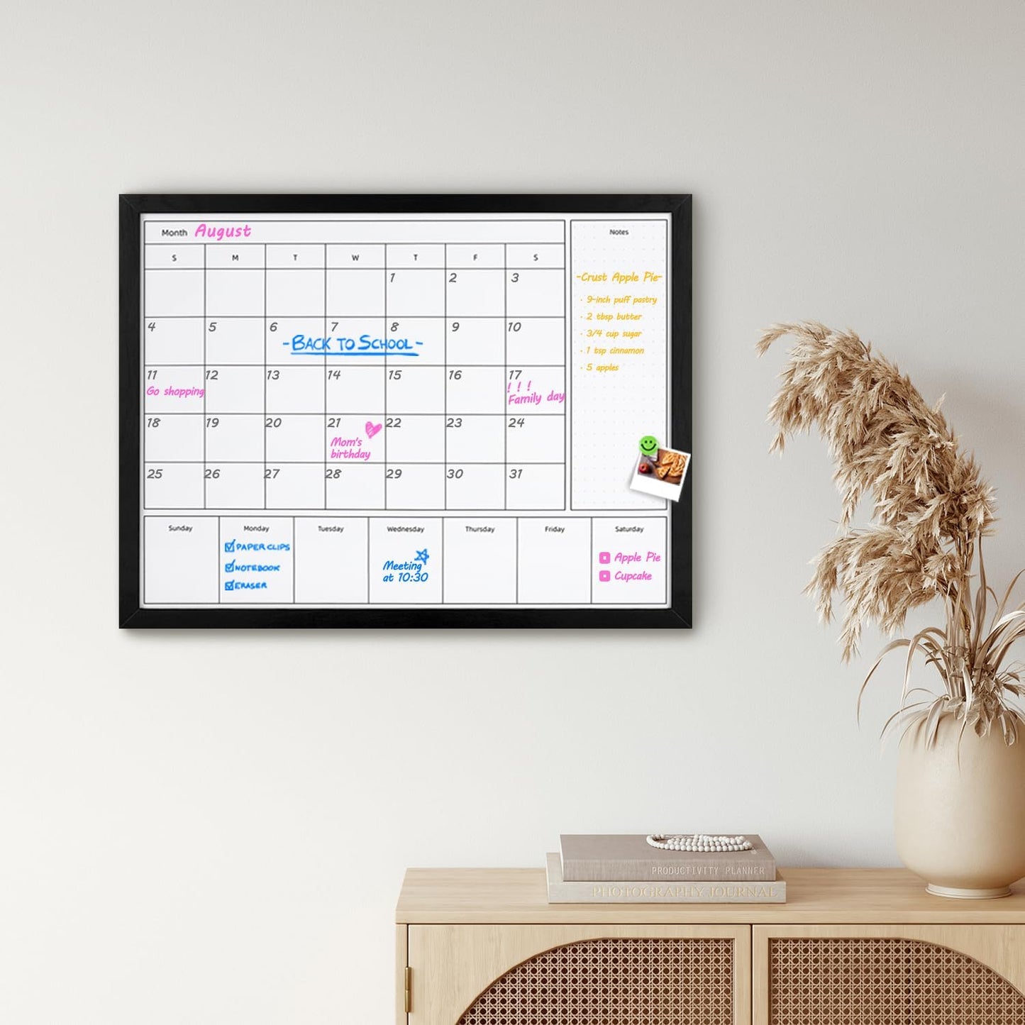 3-in-1 Dry Erase Calendar for Wall, Magnetic Surface Calendar Whiteboard | 17x13 inches Monthly & Weekly Planner Whiteboard, Dry Erase Board with Black Wood Frame, Magnetic Calendar for Classroom