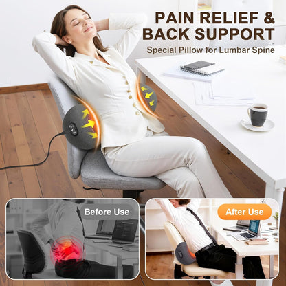 3-in-1 Electric Lumbar Support Pillow,Triple Fusion Back Massager with Heat,Vibration&Traction,Back Support Pillow for Bed and Chair,Lumbar Support Pillow for Lower Back Pain Relief&Spine Support-Gray