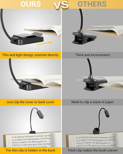2 Pack Rechargeable Book Lights for Reading at Night, Eye-Caring Clip-On Reading Lights with 3 Color Temperatures & 3 Brightness Levels, Long Runtime Small Lightweight Clip on Lamp, Gifts for Reader