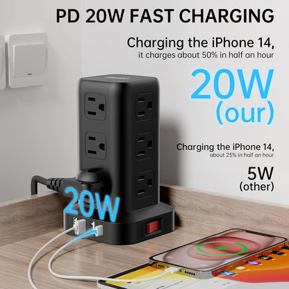 Extension Cord with Multiple Outlets, SMALLRT Power Strip Tower, Outlet Extender with 12 AC Outlets 4 USB, 6.5FT Extension Cord for Home Dorm Room, Office Supplies,Overload Protection