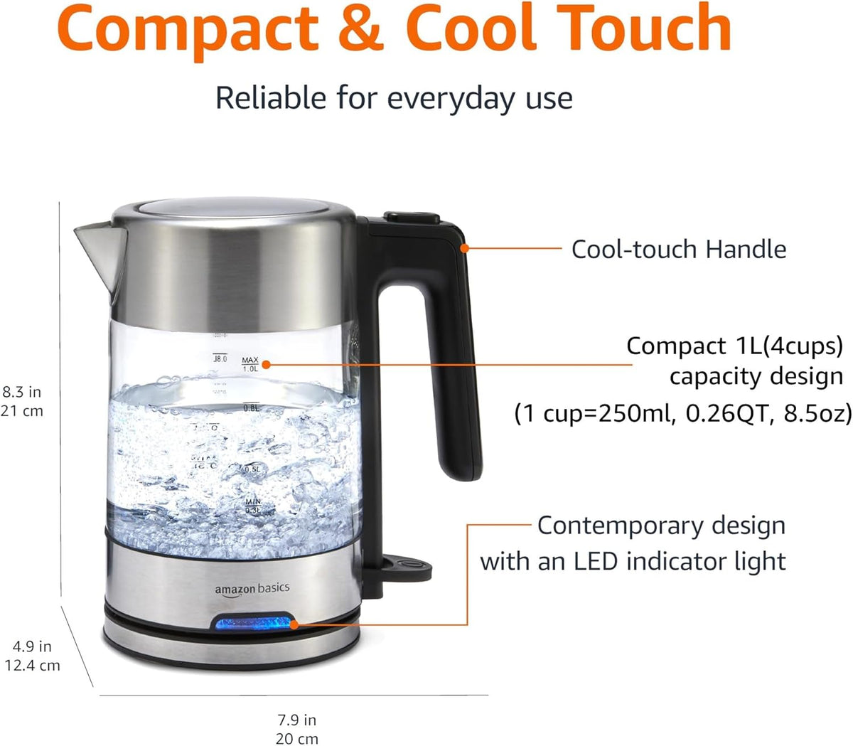 Amazon Basics Electric Kettle with Glass Carafe for Tea and Coffee, BPA-Free, Fast Boiling, Auto Shut-Off, Boil-Dry Protection, Water Level Indicator, 1.7 Liter, 1500W, Black and Silver