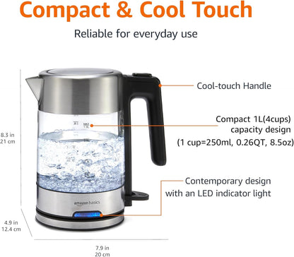 Amazon Basics Electric Kettle with Glass Carafe for Tea and Coffee, BPA-Free, Fast Boiling, Auto Shut-Off, Boil-Dry Protection, Water Level Indicator, 1.7 Liter, 1500W, Black and Silver