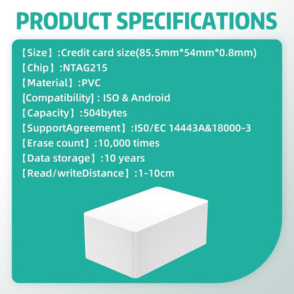 NFC Cards NFC Tags NFC Business Card NFC 215 Cards Blank 504 Bytes Programmable NFC Tags iPhones Compatible with NFC Enabled Mobile Phones & Devices (PVC-WHITECARD)