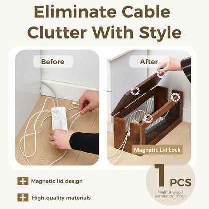 Chunful 13 Inch Cable Management Box, Wood Cord Hider Organizer with Magnetic Lid & Organizer for Power Strip, TV Wires & Desk Cable Storage, Ventilation Hide Floor Cables
