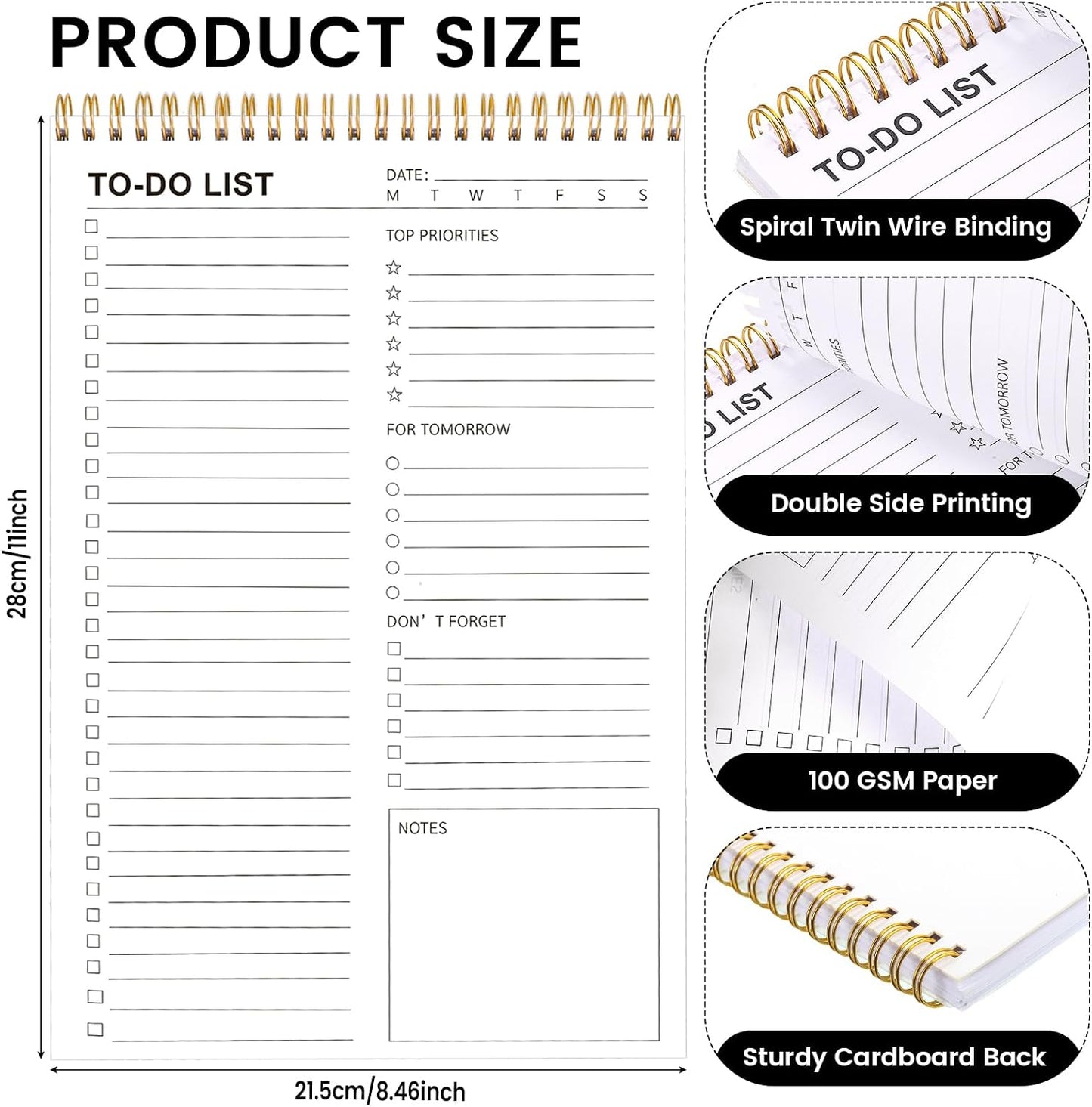 to Do List Notepad, Undated Daily Planner, 120 Pages, 6.7 x 9.8 in | 100 GSM FSC Paper, Plastic Cover, Spiral Bound, Tear-Off Pages, Task Checklist Layout For Home Office School Supplies