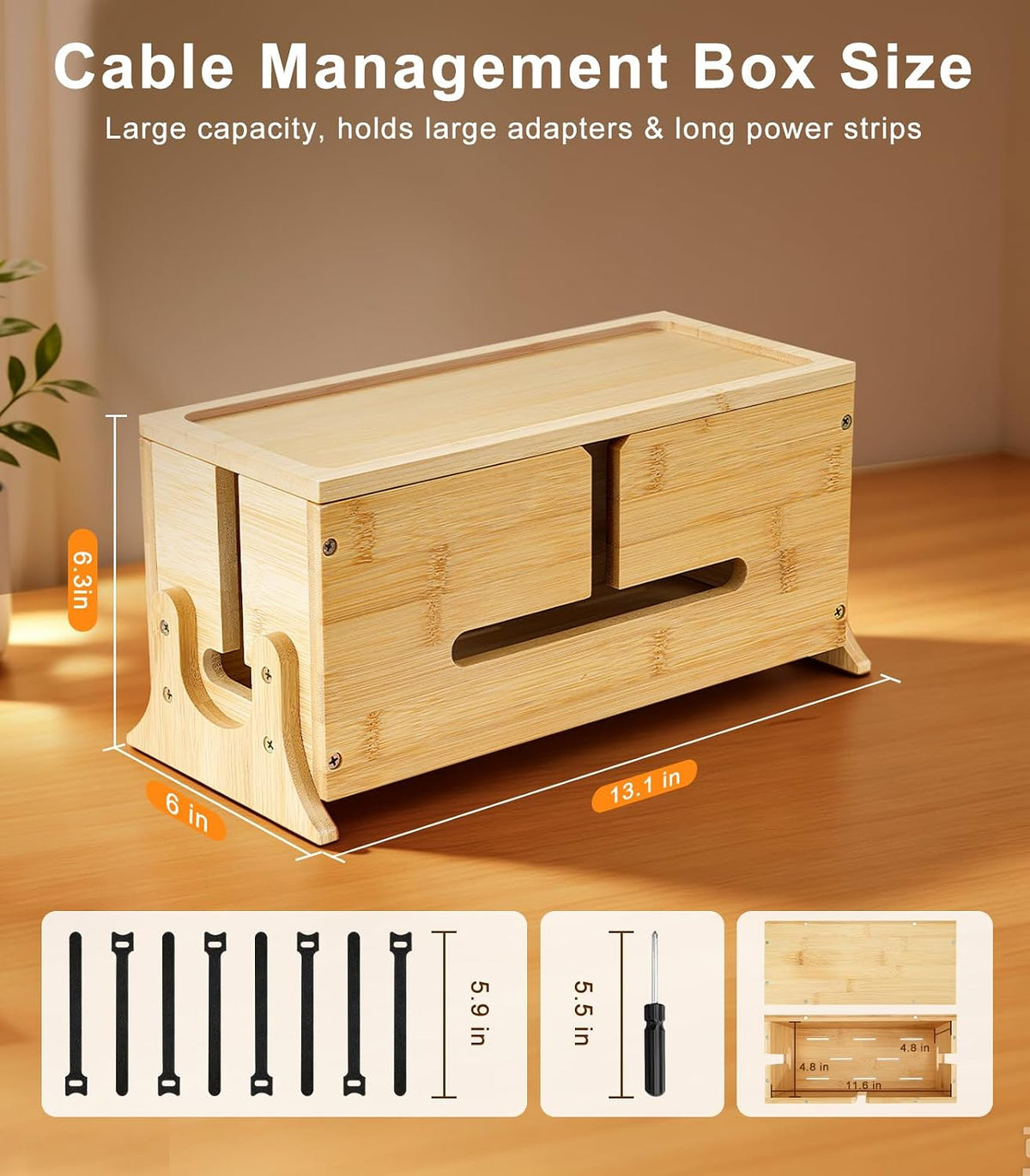 TiMOVO Cable Management Box, Bamboo Cord Organizer Box with Support Legs