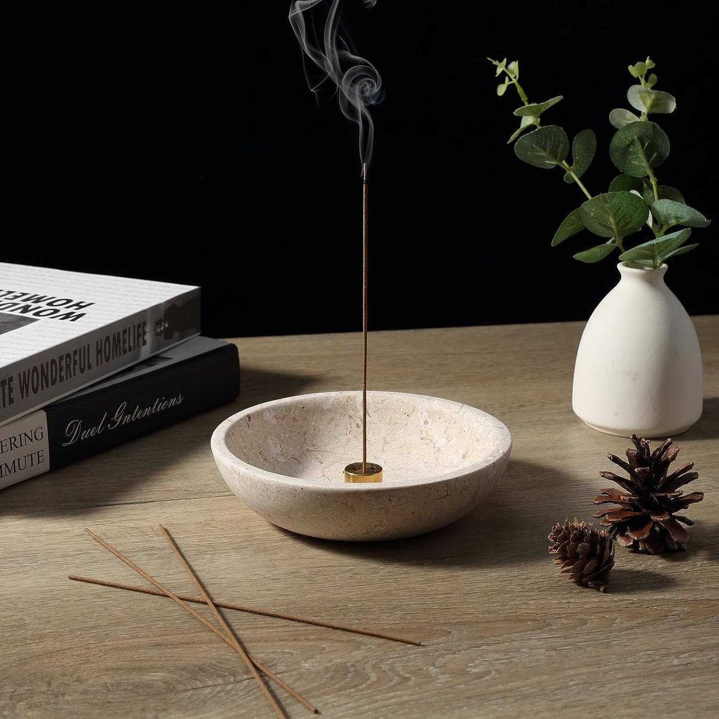 Koville Natural Marble Incense Holder, Incense Holder for Sticks with 9 Holes, Handmade Incense Burner Ash Catcher for Meditation Yoga SPA, Balsam Fir/Palo Santo/Sage/Cone (White)