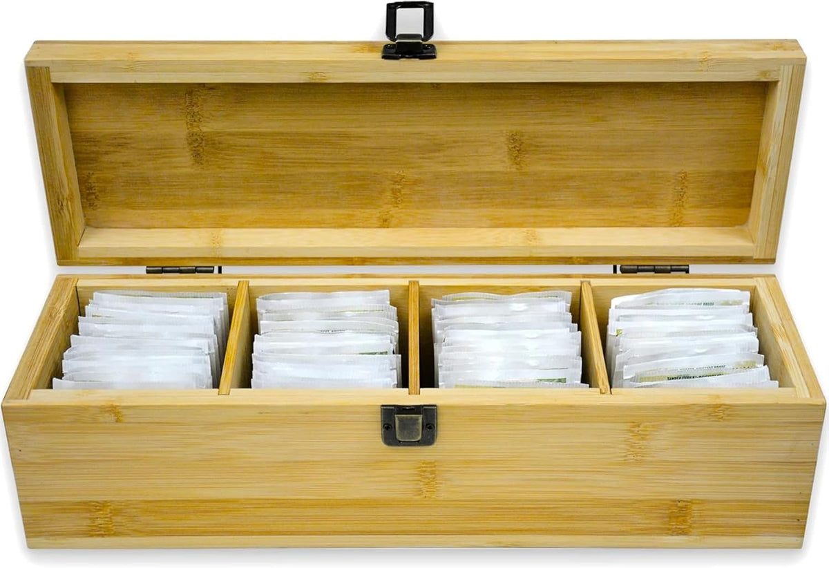 Tea Organizer Box Food Safe Chemical Free Bamboo Wood Storage Chest Big, Tall, Adjustable Cubbies (8-Slot 14.3" x 8.1" x 4.2" with TEA print design)