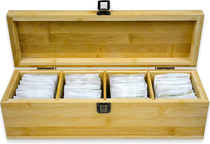 Tea Organizer Box Food Safe Chemical Free Bamboo Wood Storage Chest Big, Tall, Adjustable Cubbies (8-Slot 14.3" x 8.1" x 4.2" with TEA print design)