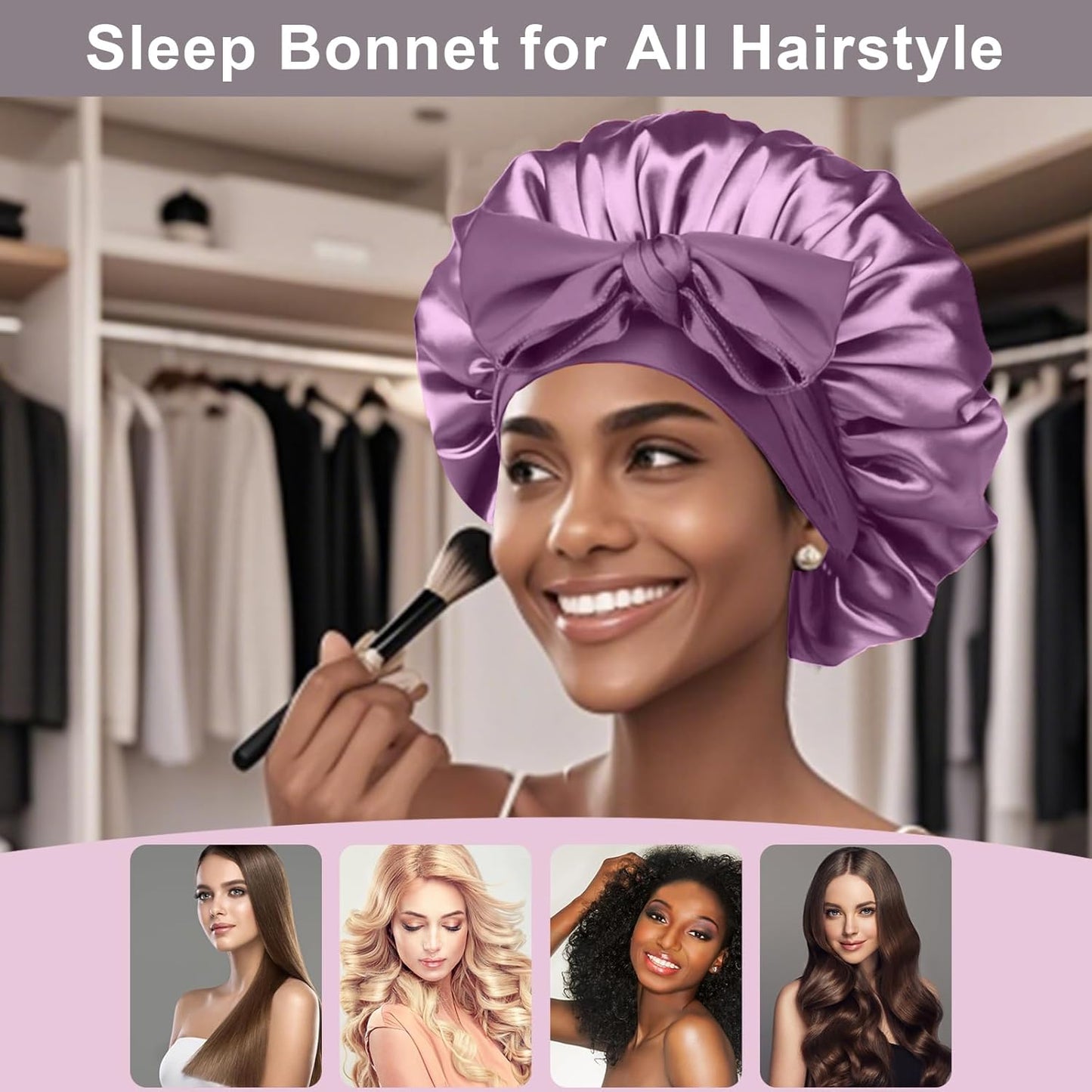 2Pcs Silk Hair Satin Bonnet for Sleeping Women,Large Satin Sleep Bonnets for Women with Elastic Tie Band Silk Hair Wrap with Ajustable Straps,Night Sleep Cap for Curly Braids,Black+Rose Gold