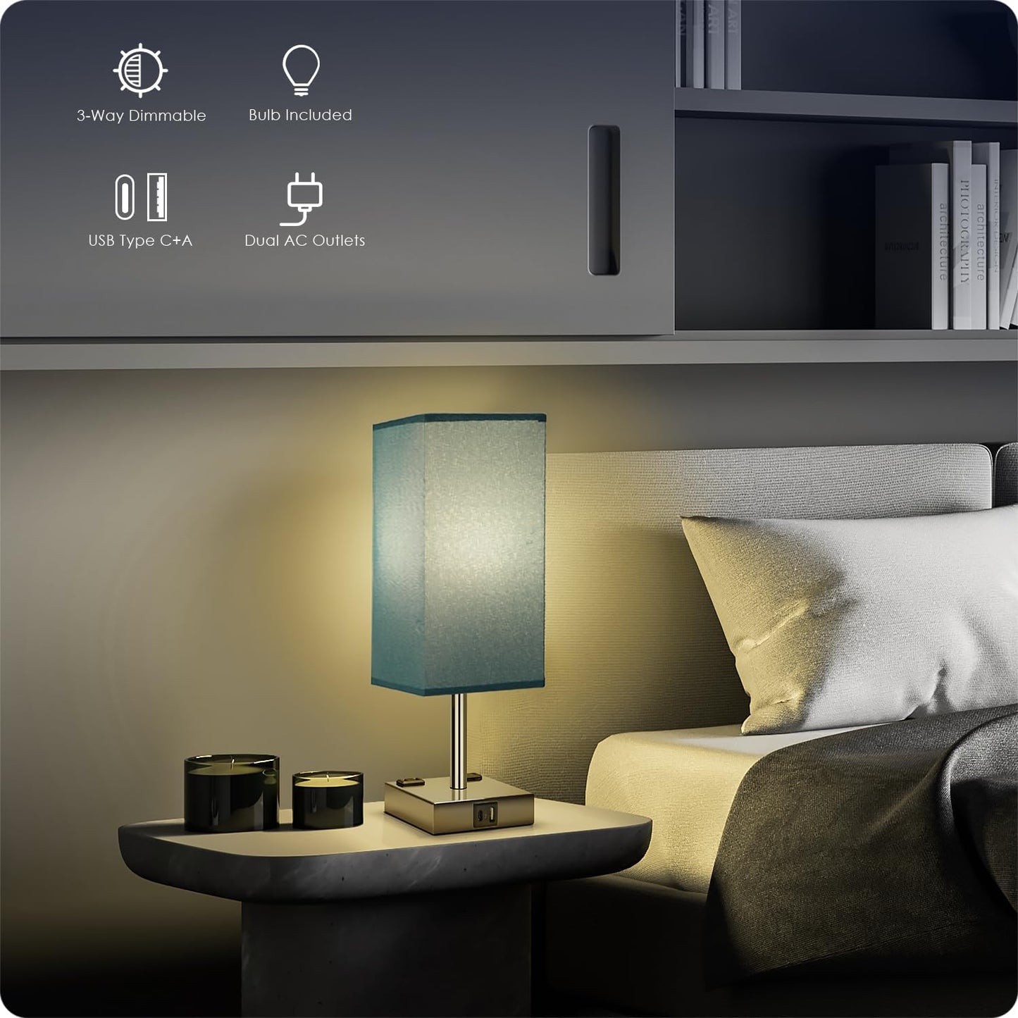 Bedside Table Lamp for Bedroom - Touch Small Lamp with USB C+A Charging Ports & AC Outlets, 3 Way Dimmable Nightstand Light for Living Room (LED Bulb Included, Grey)