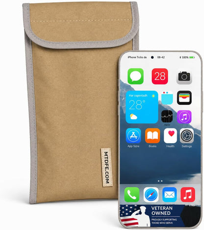 Faraday Phone Pouch Signal Blocking RFID/Cell/WiFi/GPS Shielding Bag Anti-Tracking Privacy Case for Smartphones & Key Fobs Dual-Layer RF Isolation with Ripstop Exterior Tan