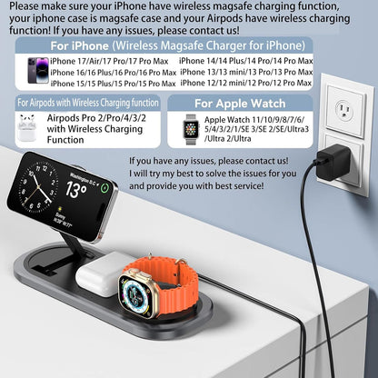 3 in 1 Fast Wireless Charger Stand for iPhone, Foldable Travel Charging Station for Magsafe for iPhone 17/Air/16/15/14/13/12 Series, Apple Watch Series, AirPods pro/2/3/4, Gifts for Women Men (Golden)