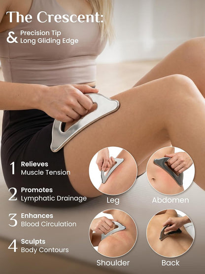 Rena Chris Gua Sha & Muscle Scraper Tool, Stainless Steel Body & Face Gua Sha Set for Deep Tissue Massage & Lymphatic Drainage, Guide & Travel Pouch Included (3-Piece Kit)