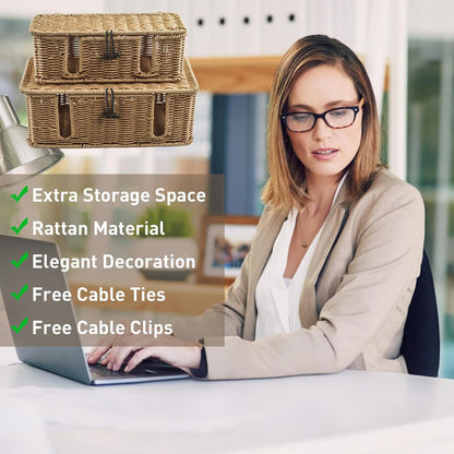 2 Pack Rattan Cable Management Box, Large Cord Organizer Box with Lid Under Desk Router Hider Storage Box with 4 Exits, Wire Box Hider for TV Wires Computer Surge Protector USB Hub Power Strip