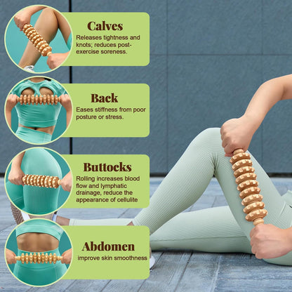 Wooden Fascia Massage Roller – Handheld Myofascial Release Massage Stick with Trigger-Point Knobs for Deep Tissue, Cellulite, Muscle Recovery & Circulation, Lymphatic Drainage Massager