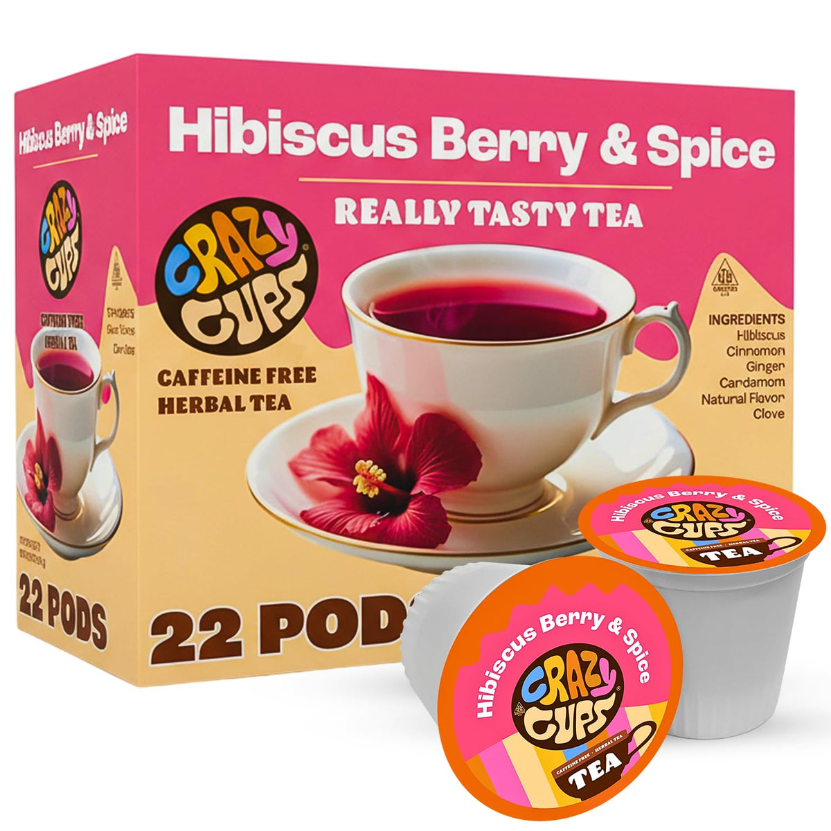 Crazy Cups Hibiscus Berry & Spice Herbal Tea Pods, 22 Count, Kosher Certified, Fruity & Spiced Blend with Cinnamon, Ginger & Clove | K Cup Compatible, Hot or Iced Herbal Tea