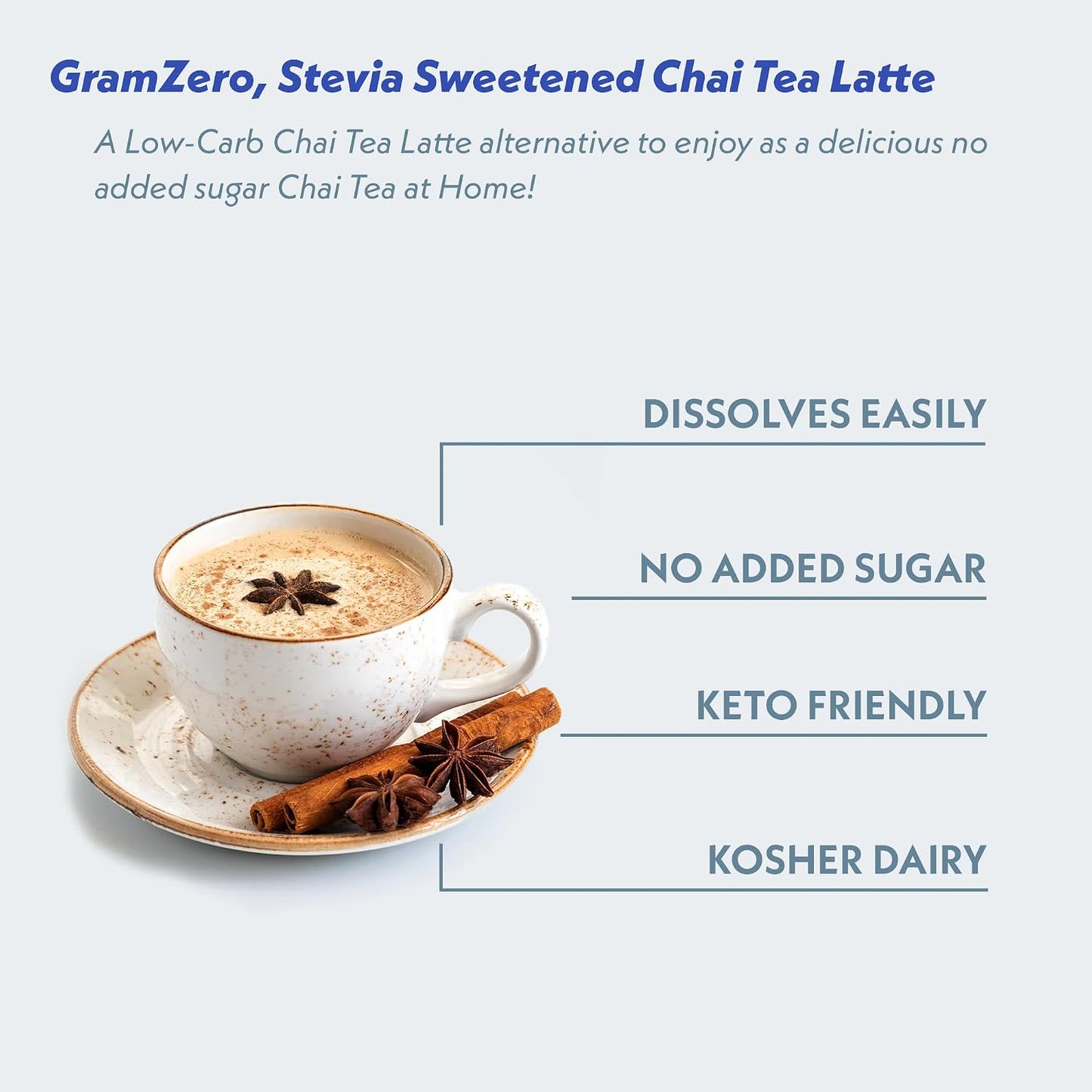 Gramzero Premium Chai Latte Powder Mix | Best Chai Drink Mix | No Sugar Added | Kosher | Stevia Sweetened | 20 Single Serve Packets | Each Packet Makes 8fl Oz Rich and Delicious Instant Chai Tea Latte