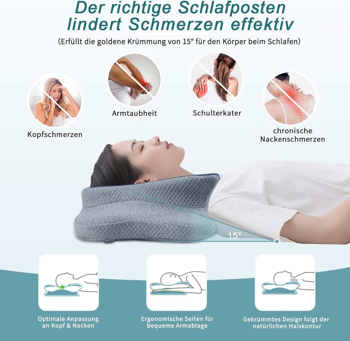 CHxxy Cervical Neck Pillow for Pain Relief Sleeping, Memory Foam Pillows, Ergonomic Side Sleeper Pillows, Cooling Orthopedic Neck Support Pillow for Back Stomach Sleepers-Queen Size Grey&Grey