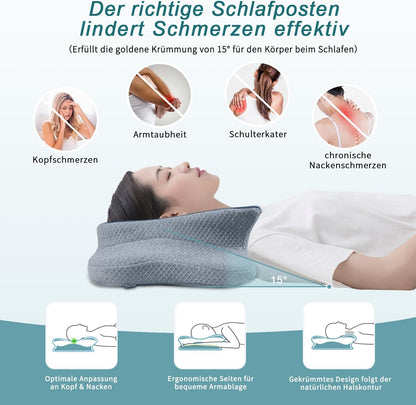 CHxxy Cervical Neck Pillow for Pain Relief Sleeping, Memory Foam Pillows, Ergonomic Side Sleeper Pillows, Cooling Orthopedic Neck Support Pillow for Back Stomach Sleepers-Queen Size Grey&Grey