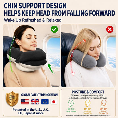 BUYUE Travel Neck Pillows for Airplanes, Memory Foam 360° Head Support Sleep for Long Flight, Skin-Friendly & Breathable, Kit with Eye Mask, Earplugs and Storage Bag (Adult, Grey, 90+ lbs)