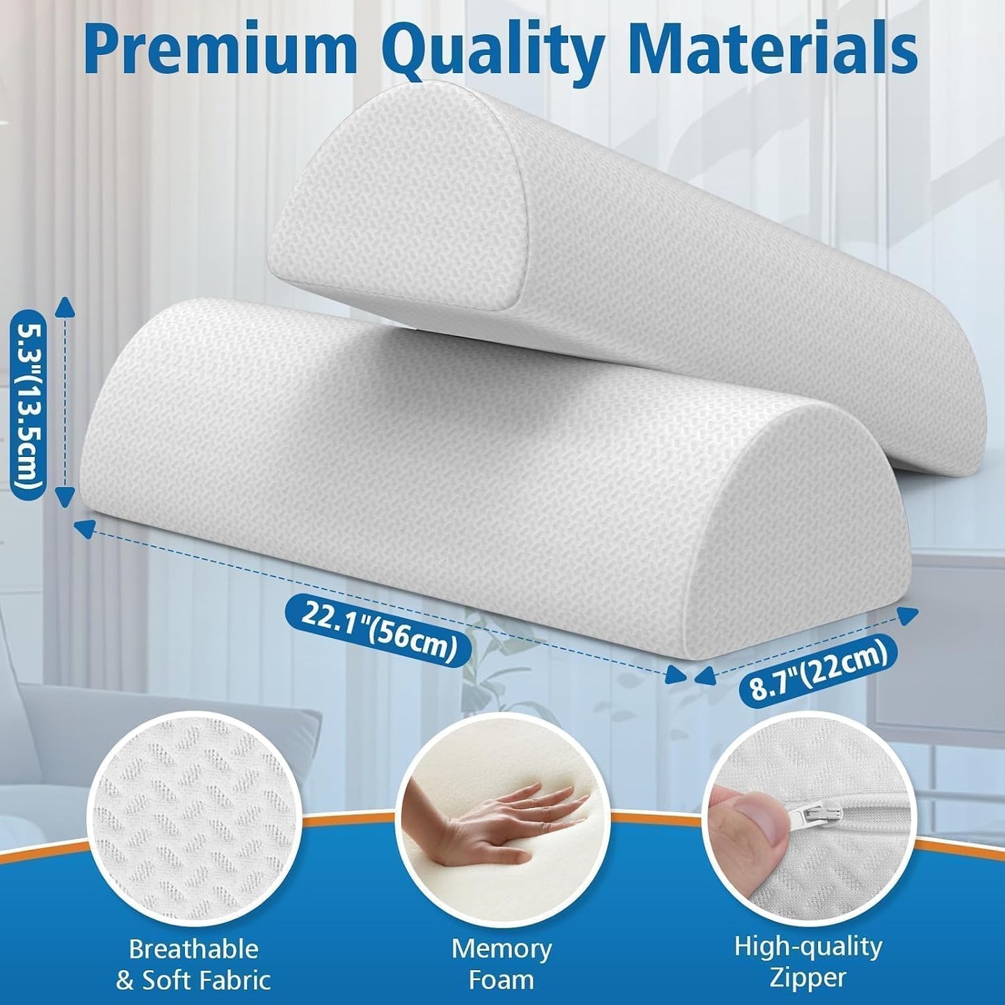SweetSlubr Knee Pillow for Side Sleepers, Half Moon Memory Foam Bolster Pillow for Legs, Ergonomic Design Wedge Elevation Pillow for Side & Back Sleeping, Under Knee Support, Foot, Ankle, Lumbar,White