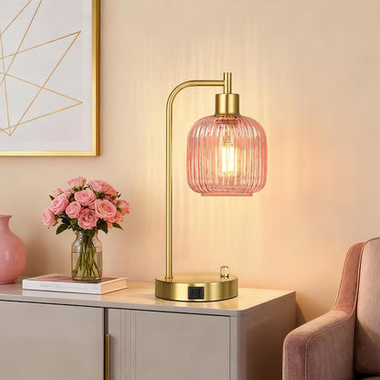 QiMH Industrial Table Lamp for Bedroom Set of 2, Green Glass Beside Lamp with USB A&C Ports, Stepless Dimmable Gold Lamps, Nightstand Lamps for Living Room, Office, Home Decor(Bulb Included)